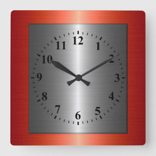 Red and Silver Stainless Steel Metal Square Wall Clock
