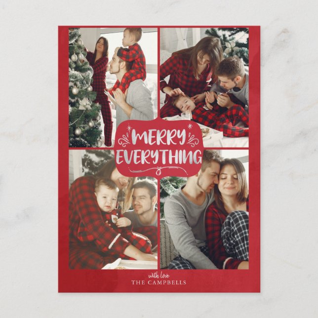 Red and Silver Stars Merry Everything Multi Photo Holiday Postcard (Front)