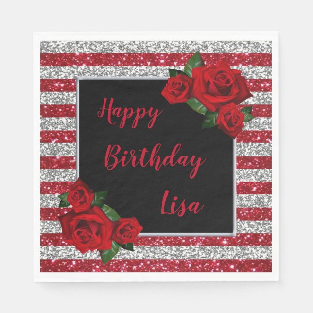 Red And Silver Stripes Glitter Red Roses Birthday Napkin (Front)