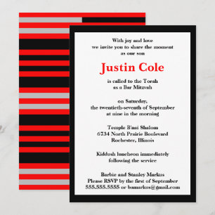 Red and Silver Stripes on Black Bar Mitzvah Invitation