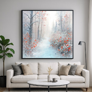 Red and Snowy Forest - Impressionist Style Art Poster