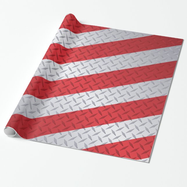Red and Steel Christmas Stripe Diamond Plate Wrapping Paper (Unrolled)