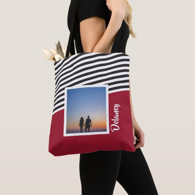 Red and Striped Pattern Personalised Photo Tote Bag (Close Up)