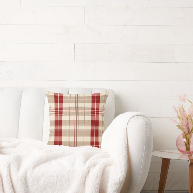 Red and Tan Beige Plaid Pattern Tartan  Cushion (Couch)