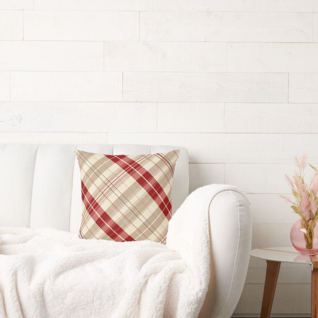 Red and Tan Beige Plaid Pattern Tartan Diagonal Cushion (Couch)