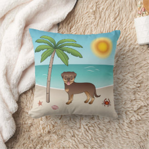 Red And Tan Rottweiler At A Tropical Summer Beach Cushion