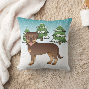 Red And Tan Rottweiler Dog In A Winter Forest Cushion