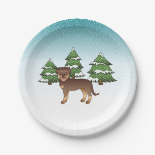 Red And Tan Rottweiler Dog In A Winter Forest Paper Plate