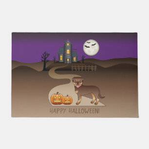Red And Tan Rottweiler Halloween Haunted House Doormat