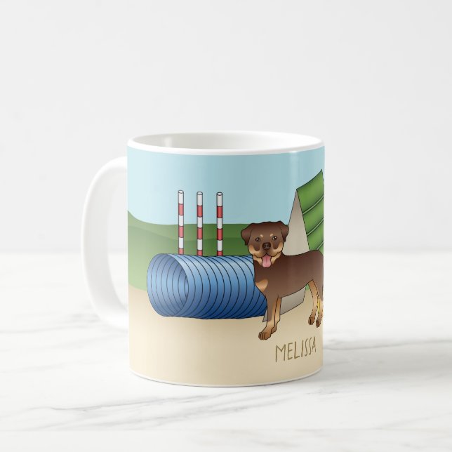 Red And Tan Rottweiler With Agility Equipment Coffee Mug (Front Left)