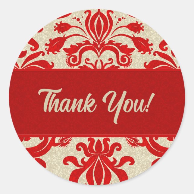 Red and Taupe Damask Thank You Classic Round Sticker (Front)