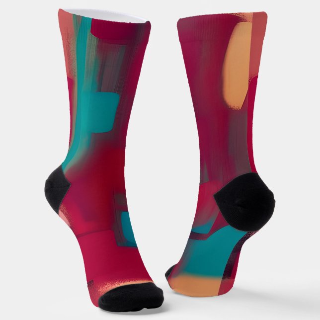 Red and teal abstract blend  socks (Angled)