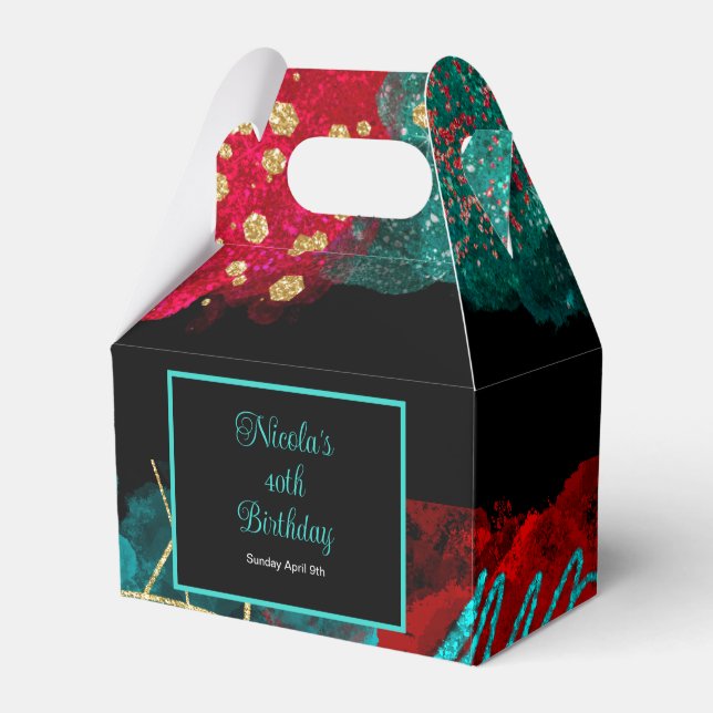 Red and teal Alcohol Ink Birthday Party Favour Box (Front Side)