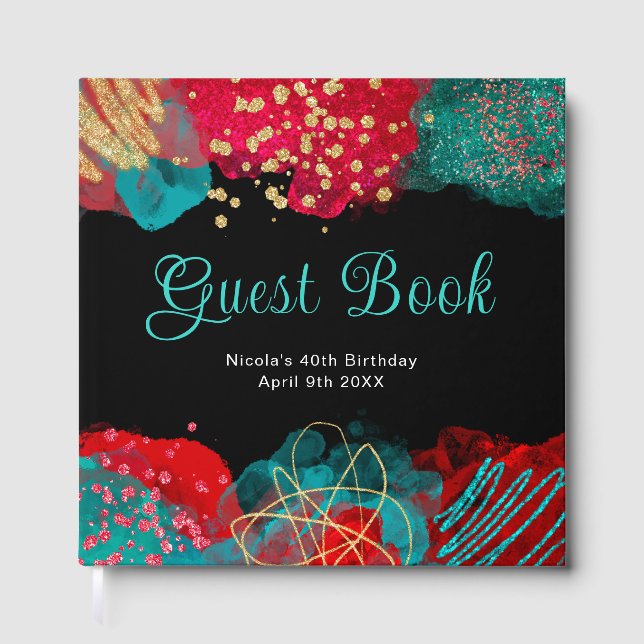 Red and Teal Blue Alcohol Ink Birthday Guest Book (Front)