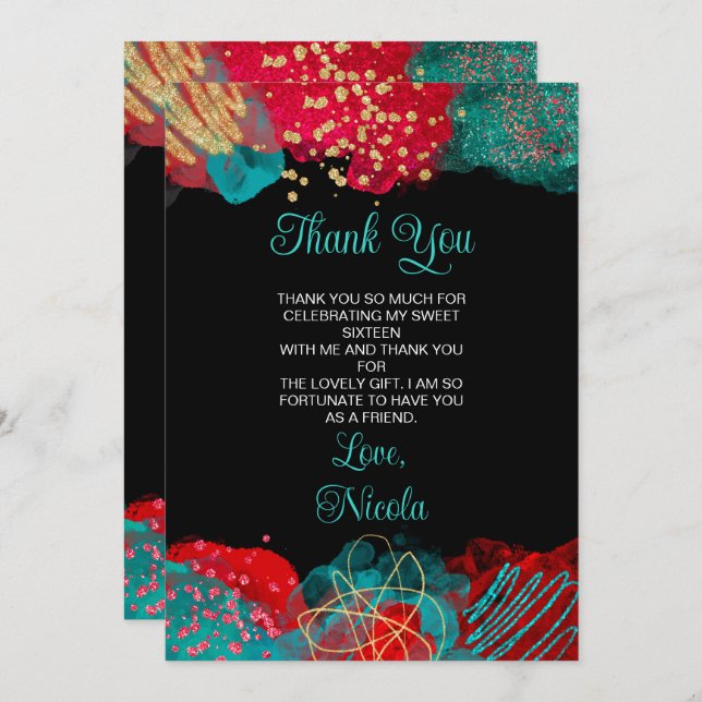 Red and Teal Blue Alcohol Ink Sweet Sixteen Thank You Card (Front/Back)