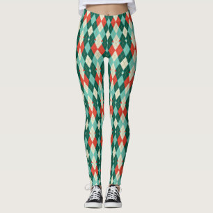 Red and Teal Christmas argyle retro geometric Leggings