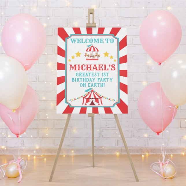 Red and Teal Circus Carnival Birthday Welcome Sign (Creator Uploaded)
