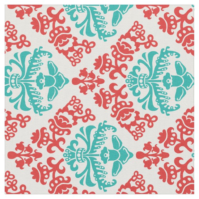 Red and Teal Damask Fabric (Close Up)