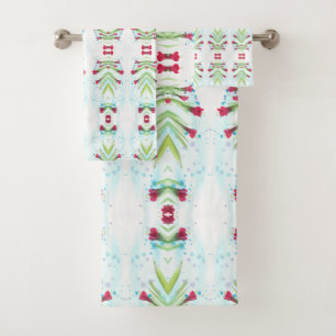 Red and Teal Floral Pattern Bath Towel Set