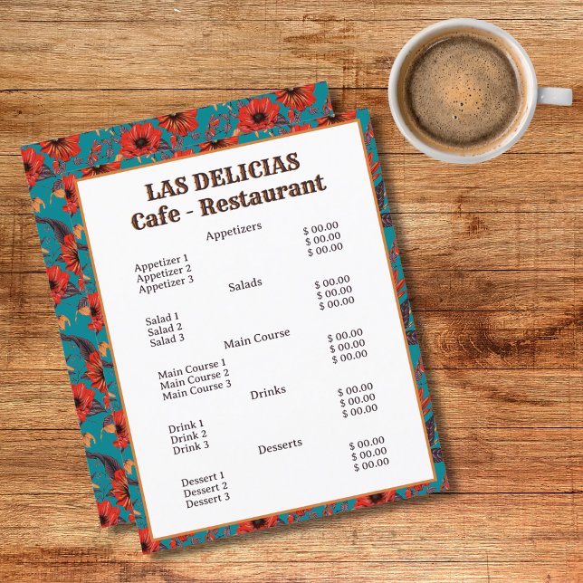 Red and Teal Floral Pattern Cafe Restaurant Menu (Creator Uploaded)