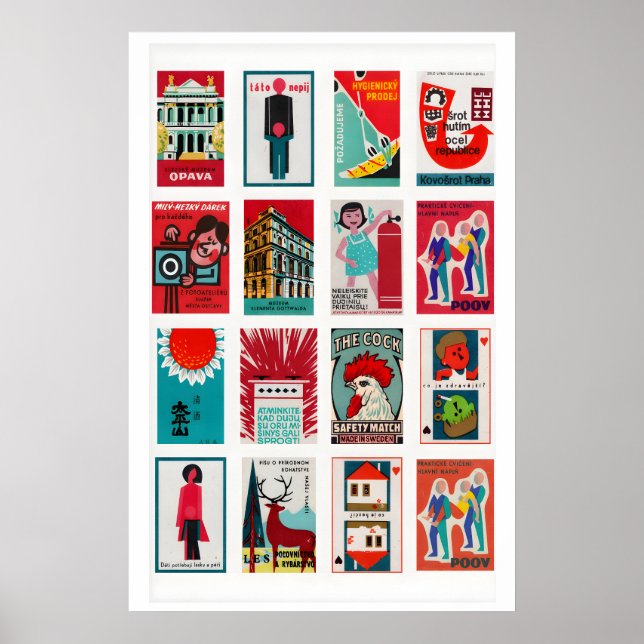Red and Teal Matchbox Label Collage, cool contrast Poster (Front)