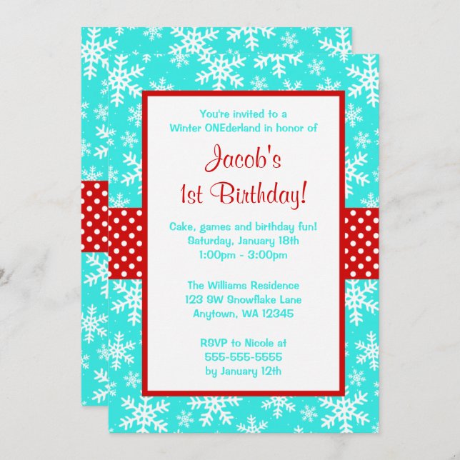 Red and Teal Snowflakes Winter Onederland Invitation (Front/Back)