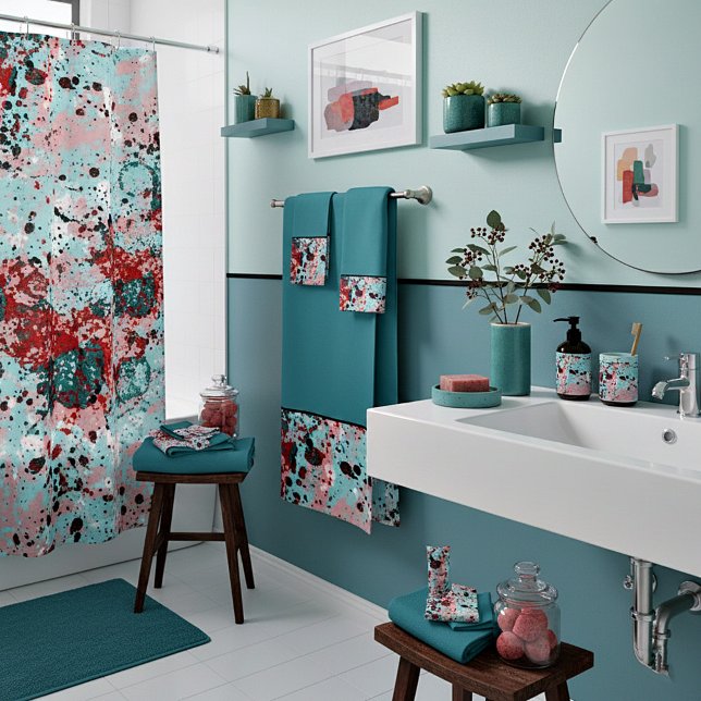 Red and teal splatters bath towel set (Creator Uploaded)