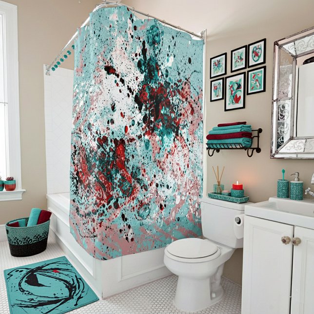 Red and teal splatters shower curtain (Creator Uploaded)