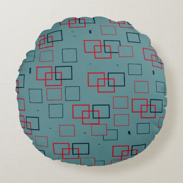 Red and Teal Squared Delight Round Cushion (Front)