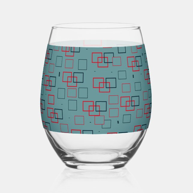 Red and Teal Squared Delight  Stemless Wine Glass (Front)