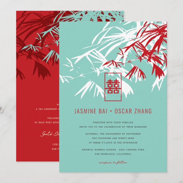 Red And Turquoise Bamboo Leaves Zen Asian Wedding Invitation (Front/Back)