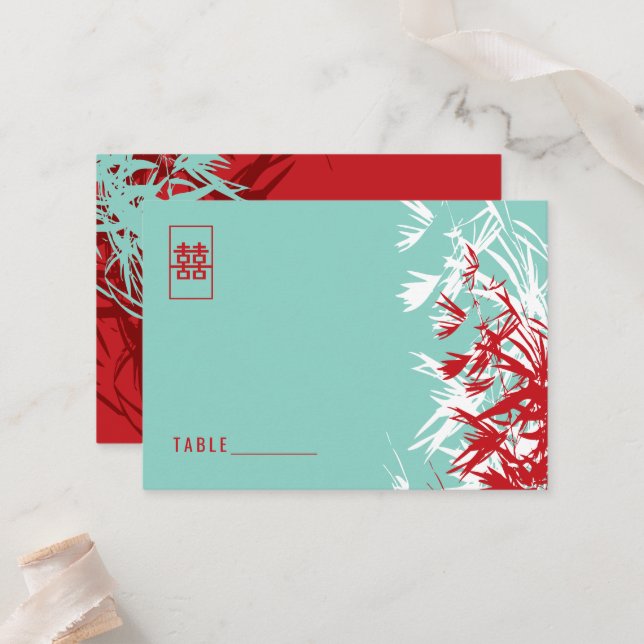 Red And Turquoise Bamboo Leaves Zen Asian Wedding Place Card (Front/Back In Situ)