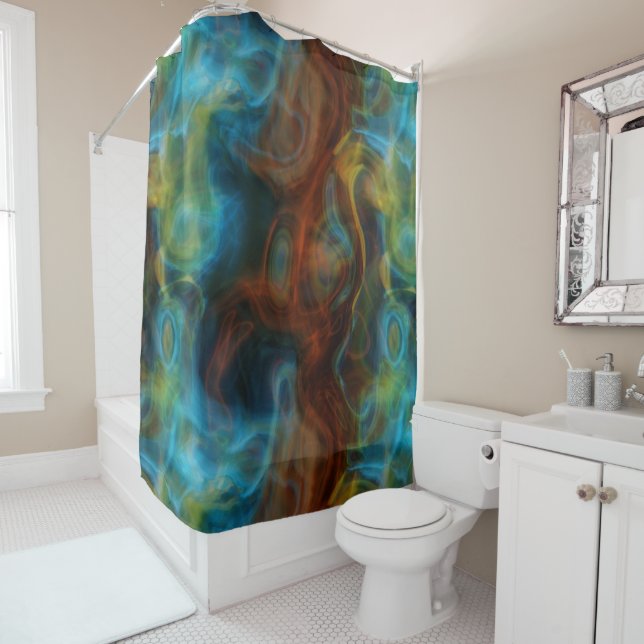 red and turquoise blue smoky Marble abstract Shower Curtain (In Situ)