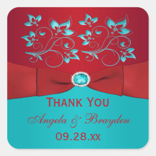Red and Turquoise Floral Wedding Favour Sticker