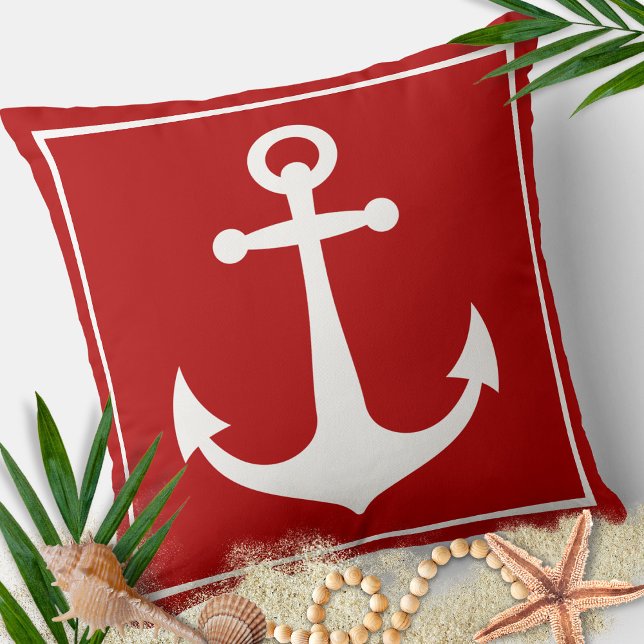 Red and White Anchor Nautical Boat Beach  Cushion (Red and White Anchor Nautical Pillow)