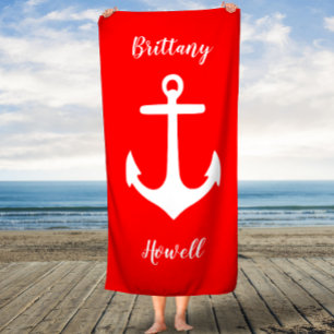 Red and White Anchor Personalised Script Towel