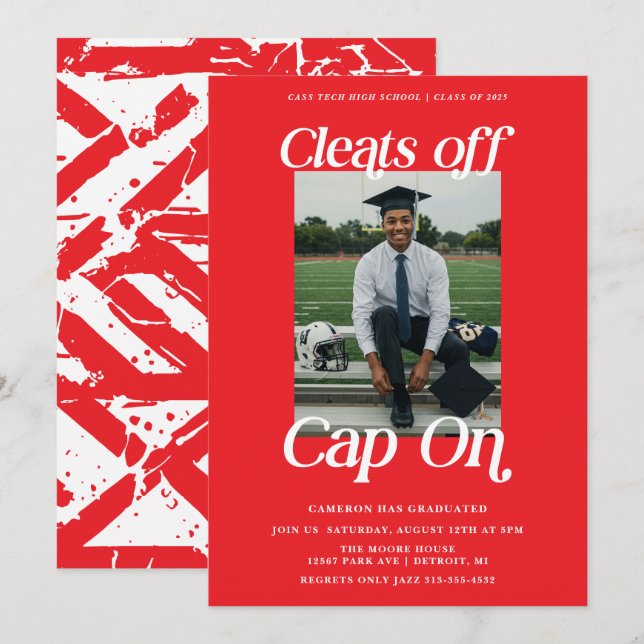 Red and White Athlete Graduation Cleats off Cap On Invitation (Front/Back)