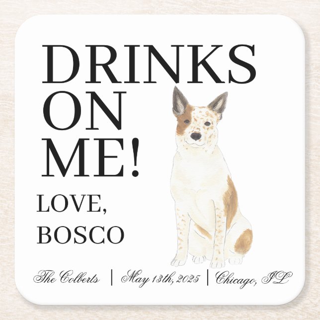 Red and White Australian Cattledog Heeler Wedding Square Paper Coaster (Front)