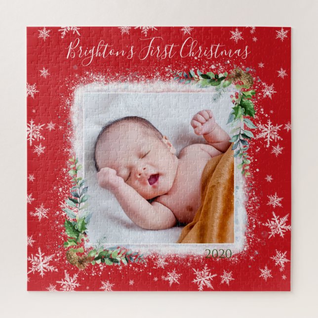 Red and White Baby’s First Christmas Photo Name Jigsaw Puzzle (Vertical)