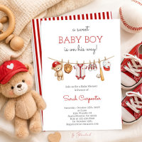 Red and White Baseball Baby Shower Boy Invitation