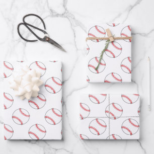 Red and White Baseballs   Any Background Colour  Wrapping Paper Sheet