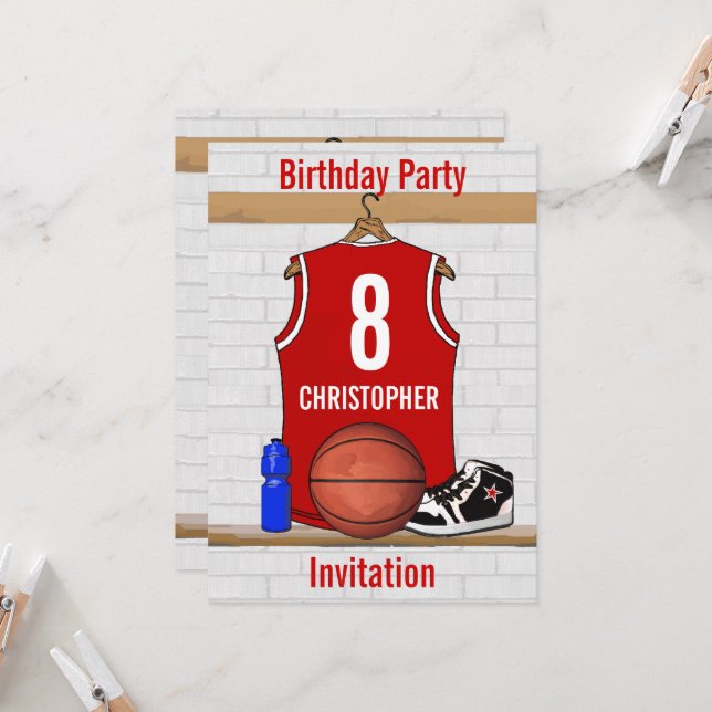 Red and White Basketball Jersey Birthday Party Invitation (Front/Back In Situ)