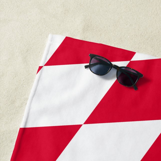 Red and White Bavaria Diamond Flag Pattern Beach Towel (In Situ)