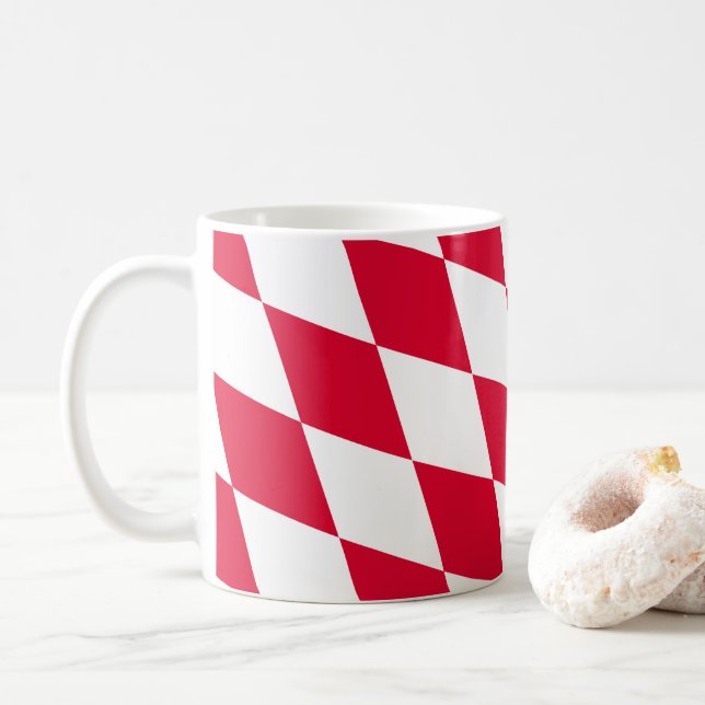 Red and White Bavaria Diamond Flag Pattern Coffee Mug (With Donut)