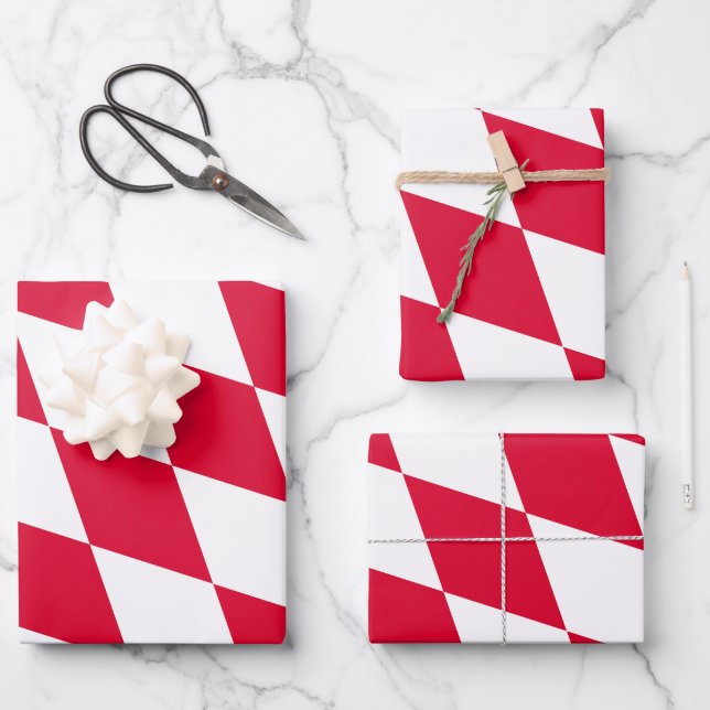 Red and White Bavaria Diamond Flag Pattern Wrapping Paper Sheet (Front)