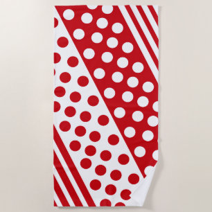 Red and White Beach Towel Dots Stripes Design