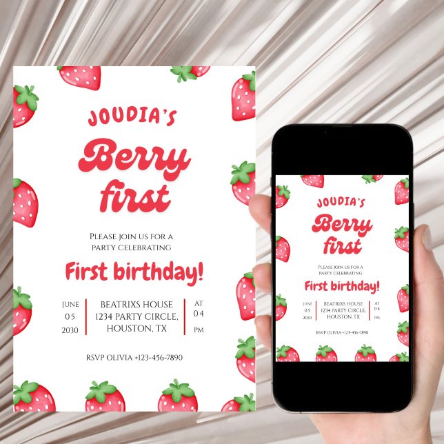 Red and White Berry Cute Watercolor 1st Birthday  Invitation (Creator Uploaded)