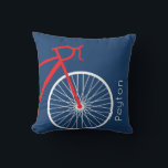 Red and White Bicycle Cushion<br><div class="desc">Clean and modern bicycle in red and white on a blue background complete with your name. You can change the background and text colour to customise to a different colours scheme if you like. Makes a great personalised gift for any cyclist or bicycle lover in your life. Matching products available....</div>