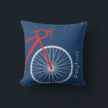 Red and White Bicycle Cushion<br><div class="desc">Clean and modern bicycle in red and white on a blue background complete with your name. You can change the background and text colour to customise to a different colours scheme if you like. Makes a great personalised gift for any cyclist or bicycle lover in your life. Matching products available....</div>