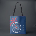 Red and White Bicycle Tote Bag<br><div class="desc">Clean and modern bicycle in red and white on a blue background complete with your name. You can change the background and text colour to customise to a different colours scheme if you like. Makes a great personalised gift for any cyclist or bicycle lover in your life. Matching products available....</div>